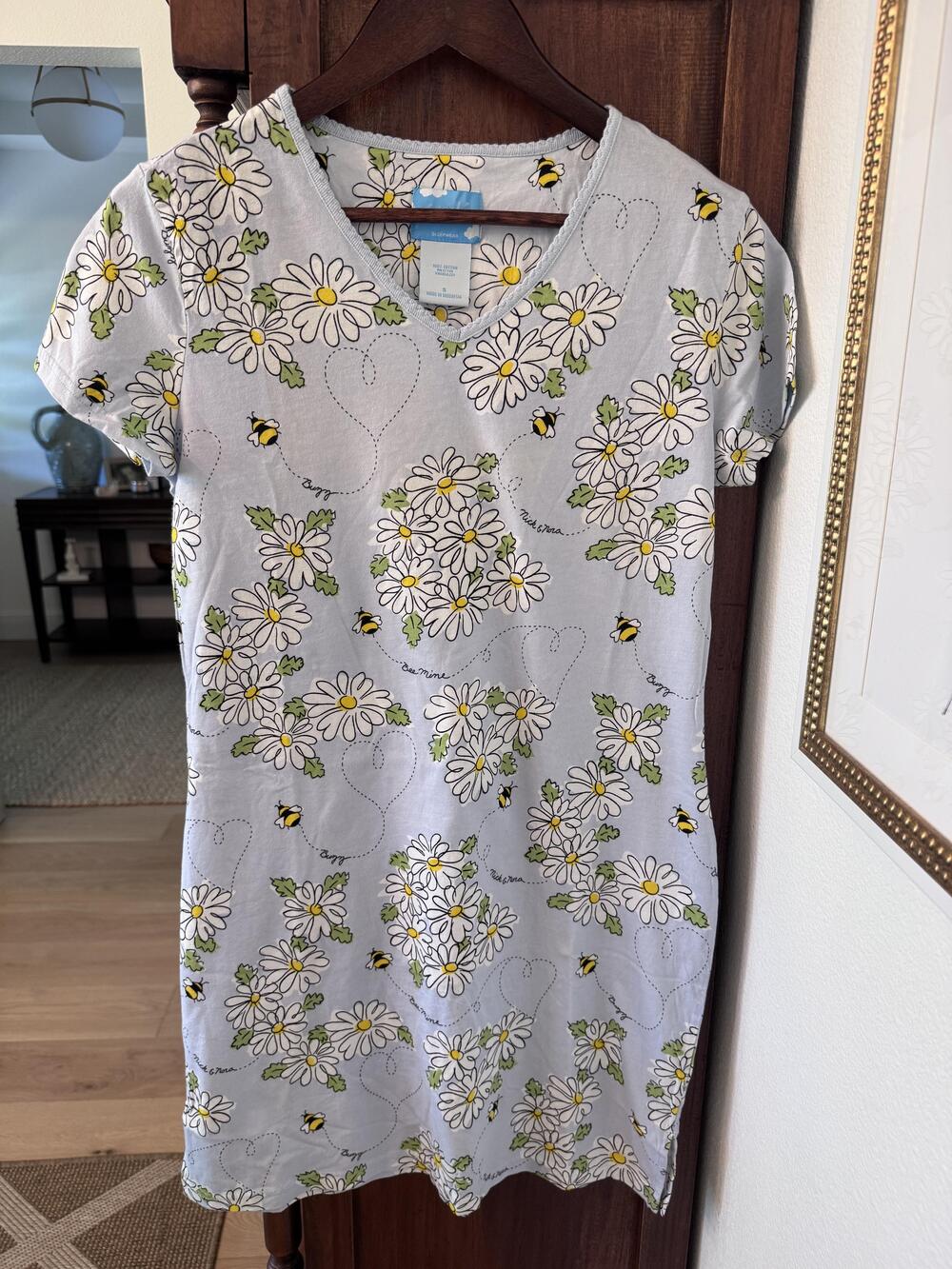 Nick & Nora Sleepshirt Womens S Baby Blue Daisy Bee Print Cotton Short Sleeve